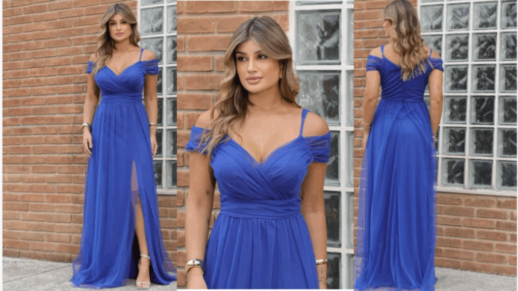 "Vestido de festa elegante ombro a ombro sem brilho em tecido sofisticado, ideal para casamentos, formaturas e eventos especiais."