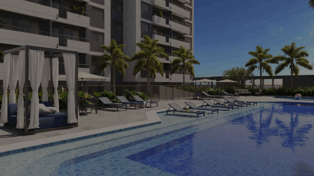 Fachada moderna do empreendimento Moved Osasco, condomínio residencial com design contemporâneo, áreas de lazer completas e localização privilegiada na região central de Osasco, próximo a shoppings, transporte e principais vias de São Paulo.