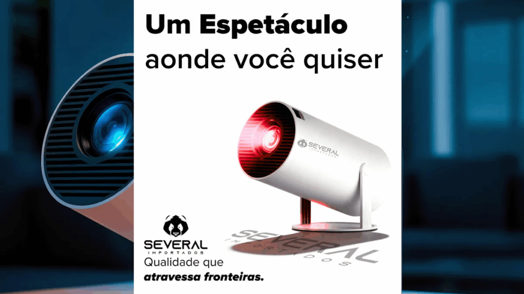 Projetor smart portátil Full HD 4K em funcionamento, exibindo imagem nítida em tela ampla, com design compacto na cor branca e conectividade Wi-Fi e Bluetooth.