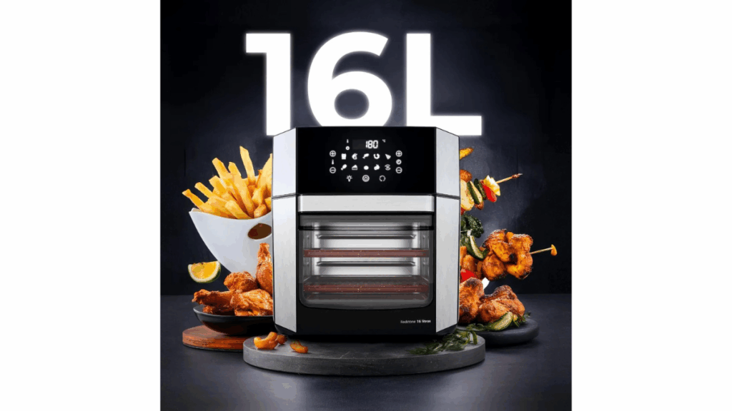 Imagem da Air Fryer Oven Britânia 16L BAF16A com porta removível, painel digital e acessórios internos, destacando sua estrutura 4-em-1 para fritar, assar, grelhar e desidratar alimentos.
