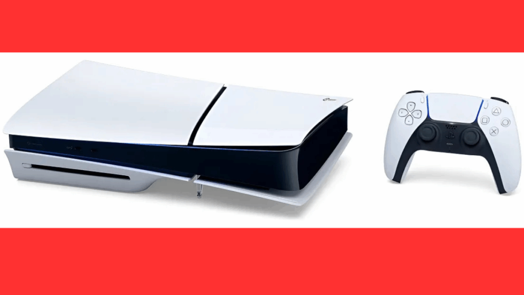 Imagem do console PlayStation 5 Slim branco com 1TB de armazenamento, versão com leitor de mídia física, exibido em posição vertical, destacando seu design compacto, moderno e estilizado, acompanhado do controle DualSense.