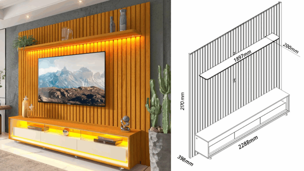 Modern rack and panel unit designed for TVs up to 85 inches, featuring LED lighting, spacious drawers, and a durable MDF structure with a contemporary finish.