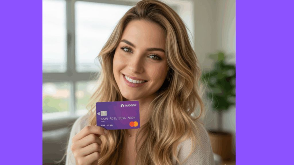 Cartão Nubank roxo sobre uma mesa, simbolizando praticidade, tecnologia e controle financeiro digital sem anuidade.