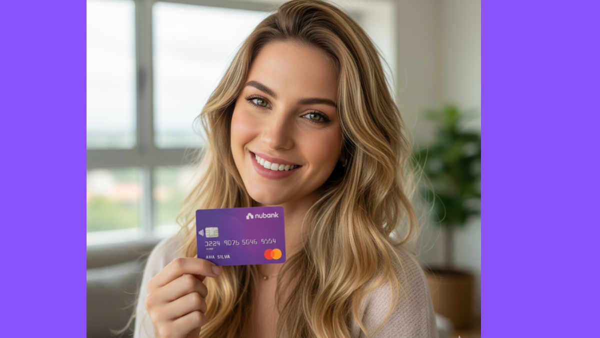 Cartão Nubank roxo sobre uma mesa, simbolizando praticidade, tecnologia e controle financeiro digital sem anuidade.