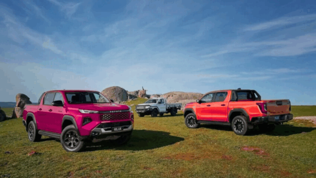 Imagem da nova Toyota Hilux 2025 exibindo seu design moderno, faróis em LED e linhas aerodinâmicas, representando as versões híbrida, elétrica e a hidrogênio.