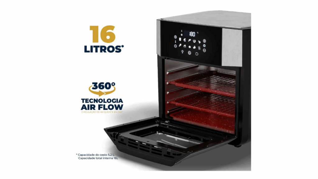 Imagem da Air Fryer Oven Britânia 16L BAF16A com porta removível, painel digital e acessórios internos, destacando sua estrutura 4-em-1 para fritar, assar, grelhar e desidratar alimentos.
