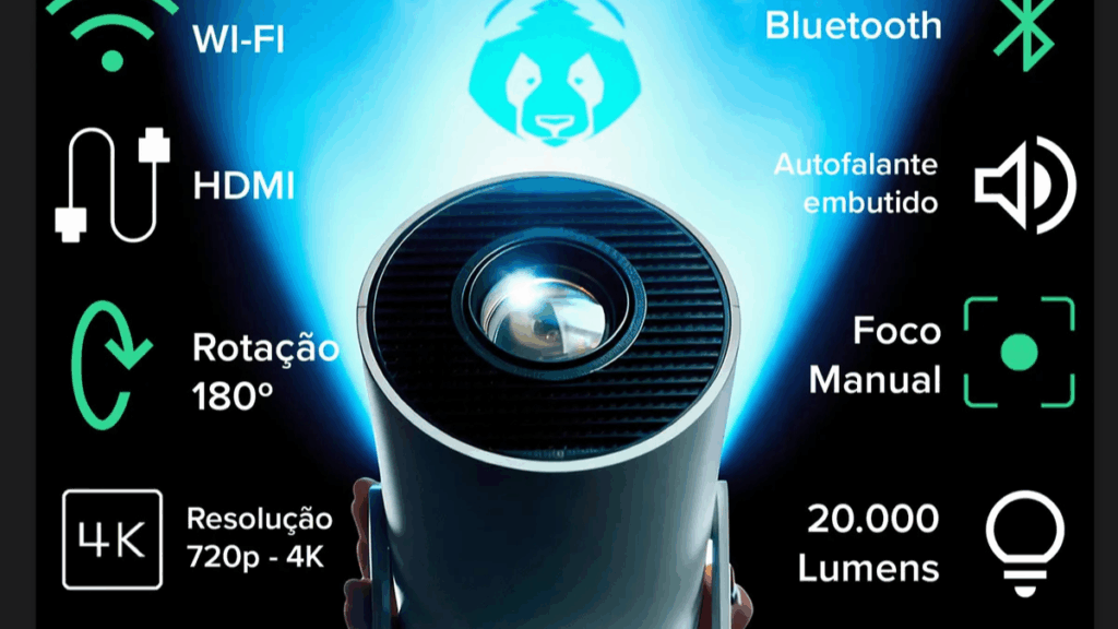 Projetor smart portátil Full HD 4K em funcionamento, exibindo imagem nítida em tela ampla, com design compacto na cor branca e conectividade Wi-Fi e Bluetooth.