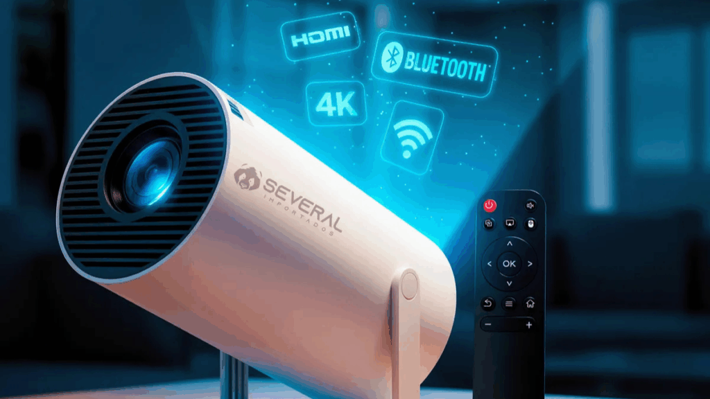 Projetor smart portátil Full HD 4K em funcionamento, exibindo imagem nítida em tela ampla, com design compacto na cor branca e conectividade Wi-Fi e Bluetooth.