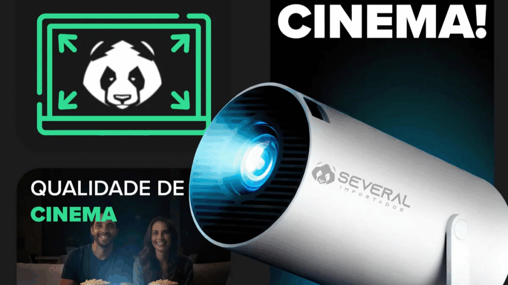 Projetor smart portátil Full HD 4K em funcionamento, exibindo imagem nítida em tela ampla, com design compacto na cor branca e conectividade Wi-Fi e Bluetooth.