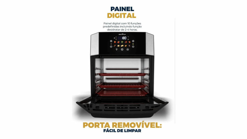 Imagem da Air Fryer Oven Britânia 16L BAF16A com porta removível, painel digital e acessórios internos, destacando sua estrutura 4-em-1 para fritar, assar, grelhar e desidratar alimentos.