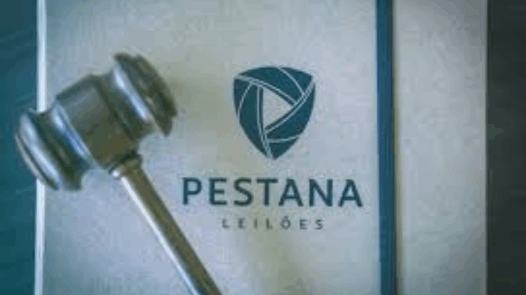 Imagem ilustrativa de um leilão da Pestana Leilões, mostrando gavel, documentos e plataforma online representando a participação em leilões presenciais e eletrônicos.