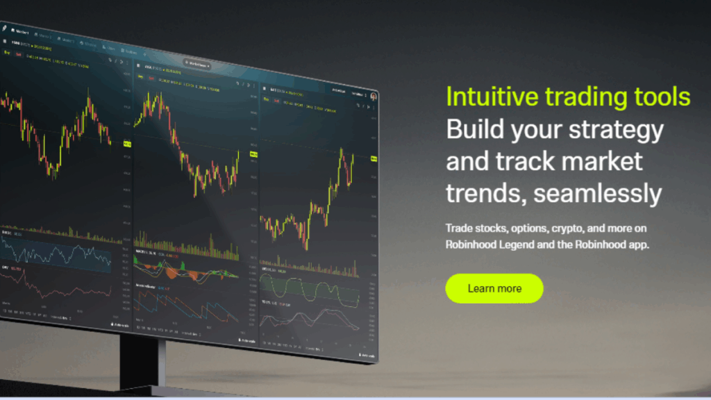 “Dashboard showing a modern investing platform with real-time charts, portfolio performance, and commission-free trading features.”