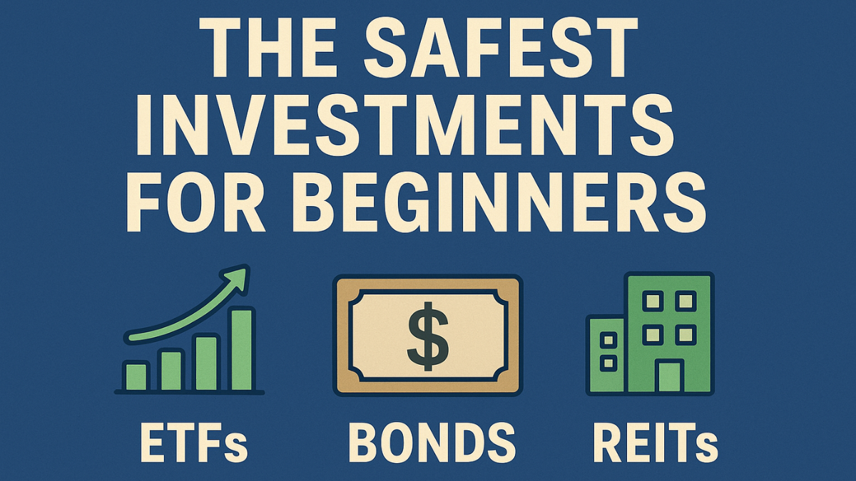 Graphic with the title “The Safest Investments for Beginners” and icons representing ETFs, bonds, and REITs on a blue background.