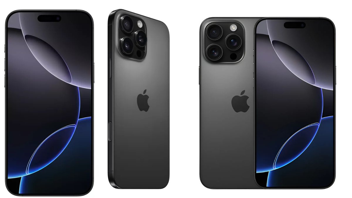 “Apple iPhone 16 Pro Max in Black Titanium, showcasing its large 6.9-inch display, triple-camera system, and premium titanium finish, positioned upright on a clean, modern background.”