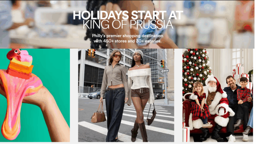 A wide exterior view of King of Prussia Mall showcasing its modern architecture, large entrances, and vibrant retail atmosphere.