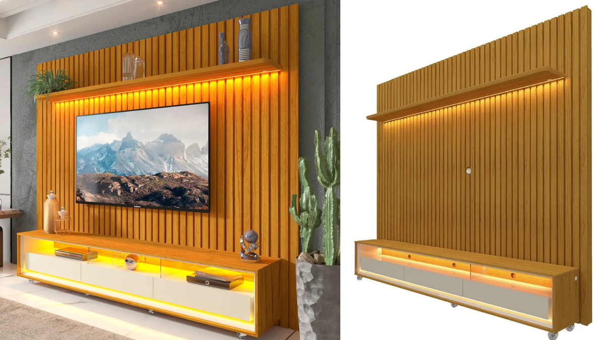 Modern rack and panel unit designed for TVs up to 85 inches, featuring LED lighting, spacious drawers, and a durable MDF structure with a contemporary finish.