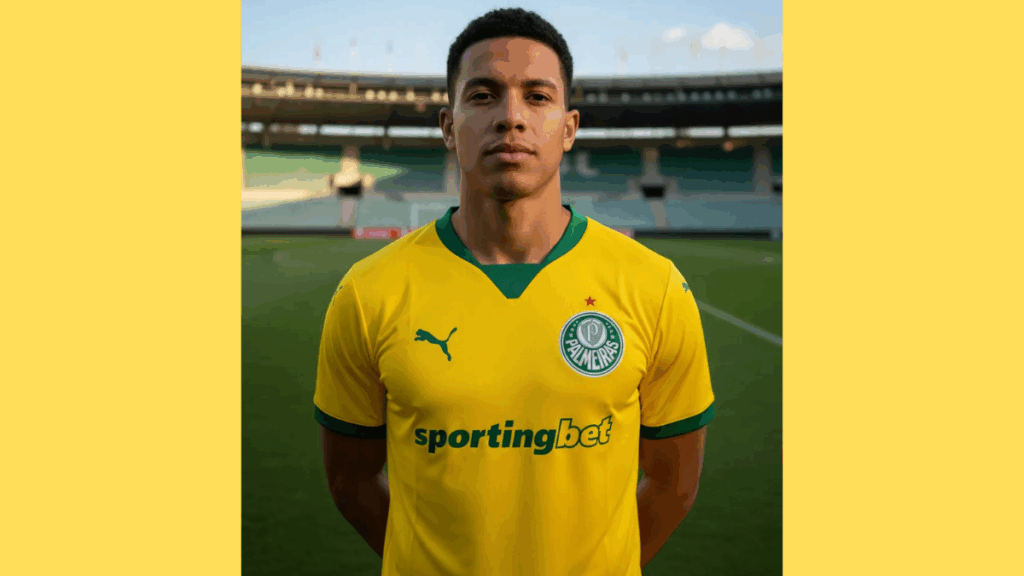 Camisa amarela do Palmeiras 2025, modelo masculino da PUMA, com detalhes verdes nas mangas e gola, escudo estilizado em “P” no peito, tecido com acabamento em alto relevo e design inspirado no uniforme histórico de 1965.