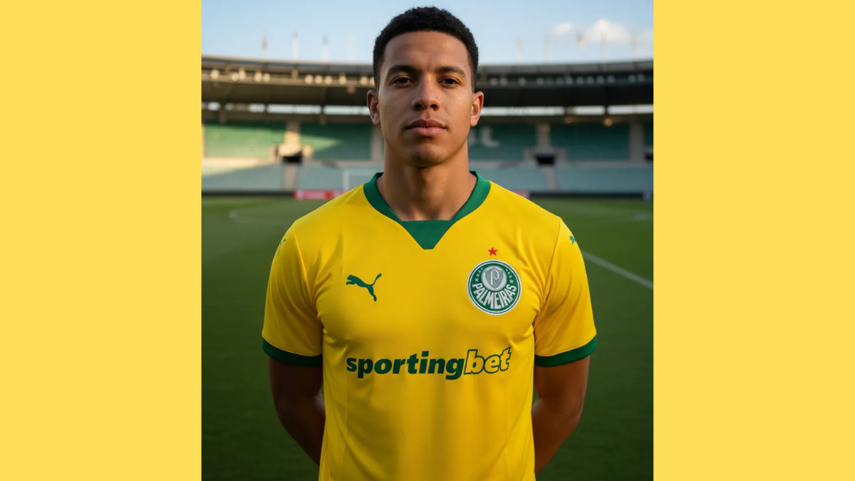 Camisa amarela do Palmeiras 2025, modelo masculino da PUMA, com detalhes verdes nas mangas e gola, escudo estilizado em “P” no peito, tecido com acabamento em alto relevo e design inspirado no uniforme histórico de 1965.