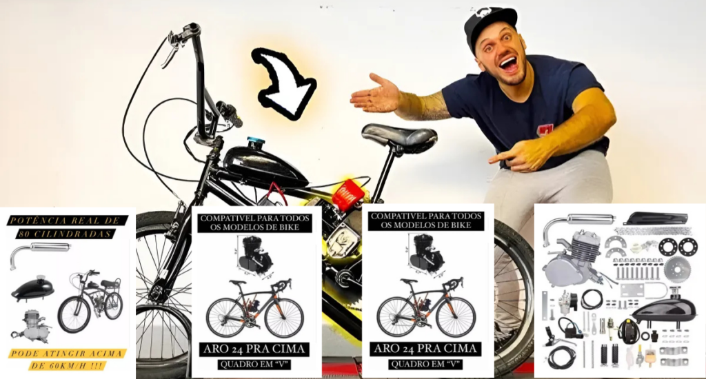 Kit motor de bicicleta 80cc 2 tempos prateado instalado em bicicleta preta, com tanque metálico e escapamento cromado, ideal para conversão em bicicleta motorizada econômica.