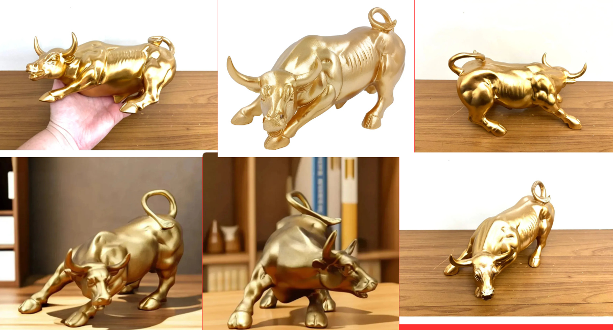 "Estátua decorativa de touro dourado em resina, símbolo de força, prosperidade e alta no mercado financeiro, posicionada para destacar elegância e sofisticação na decoração."