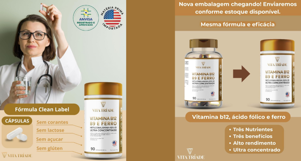 Suplemento de Vitamina B12 Metilcobalamina com ácido fólico e ferro em cápsulas, indicado para energia, foco e saúde do sangue.