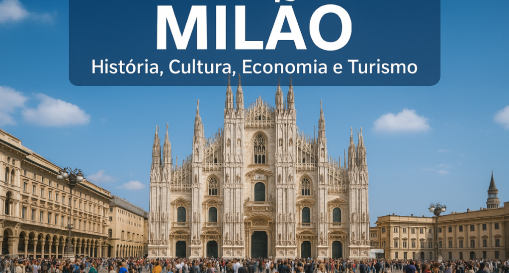 Catedral de Milão (Duomo di Milano) com arquitetura gótica imponente, pessoas na praça central e céu azul, representando história, cultura, economia e turismo na cidade de Milão.