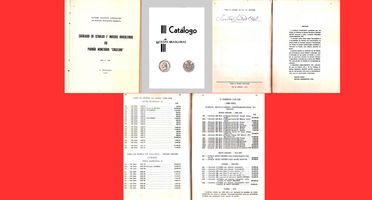 Illustration of a Brazilian coin collection catalog showing detailed coin classifications, historical data, and valuation information for collectors and investors.