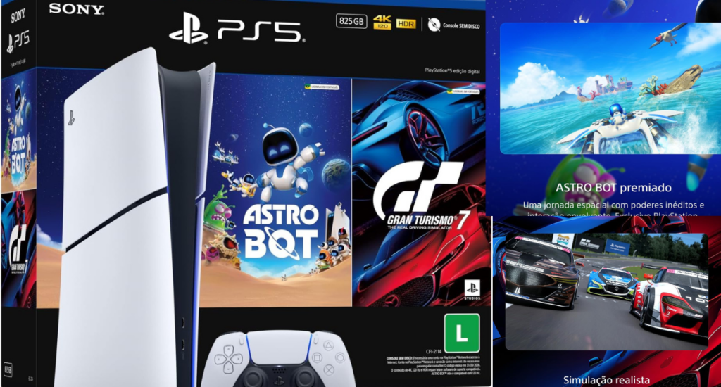 “PlayStation 5 Slim Digital console in a compact modern design, featuring 825GB SSD storage, DualSense controller and next-generation performance for immersive 4K gaming.”