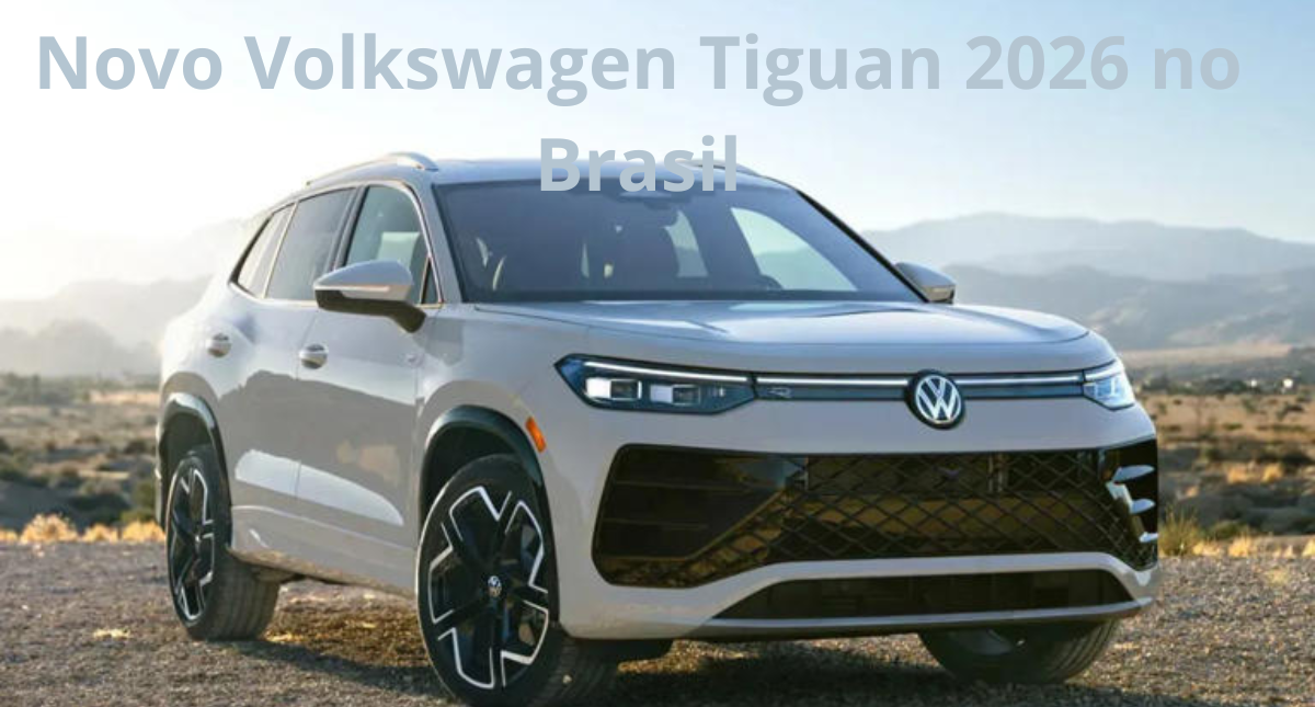 Novo Volkswagen Tiguan 2026 em destaque, SUV médio com design moderno, faróis em LED, interior tecnológico e visual sofisticado para o mercado brasileiro.