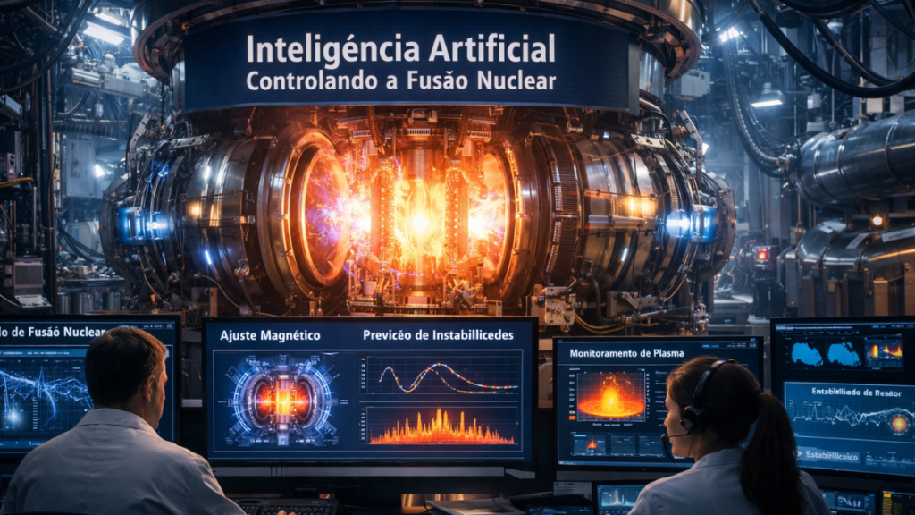 Reator de fusão nuclear do tipo tokamak operando em laboratório avançado, com plasma incandescente confinado por campos magnéticos, enquanto cientistas monitoram em tempo real sistemas de inteligência artificial responsáveis pelo controle e estabilidade da fusão nuclear.